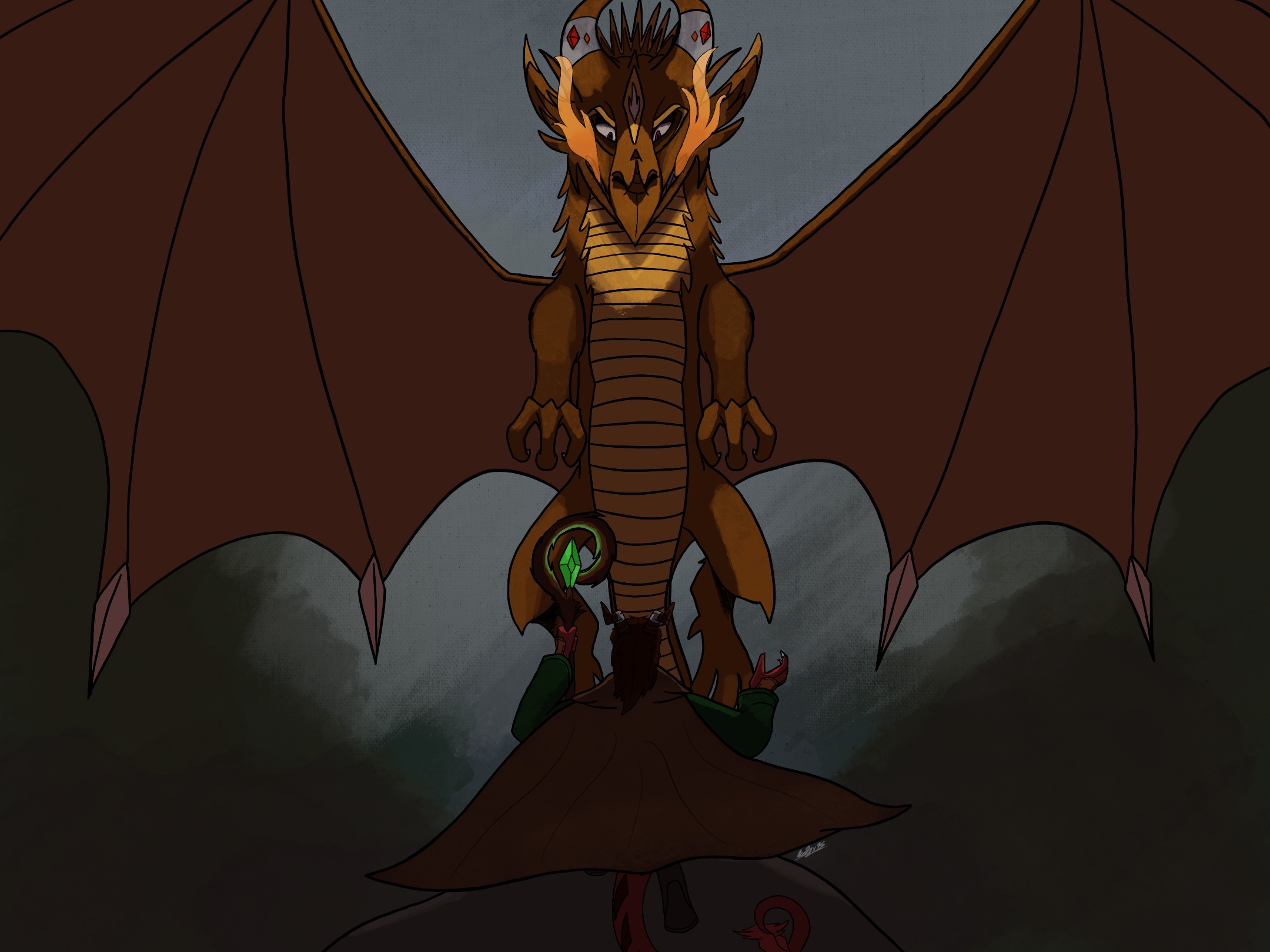 A back view drawing of a tiefling looking up at a dragon.