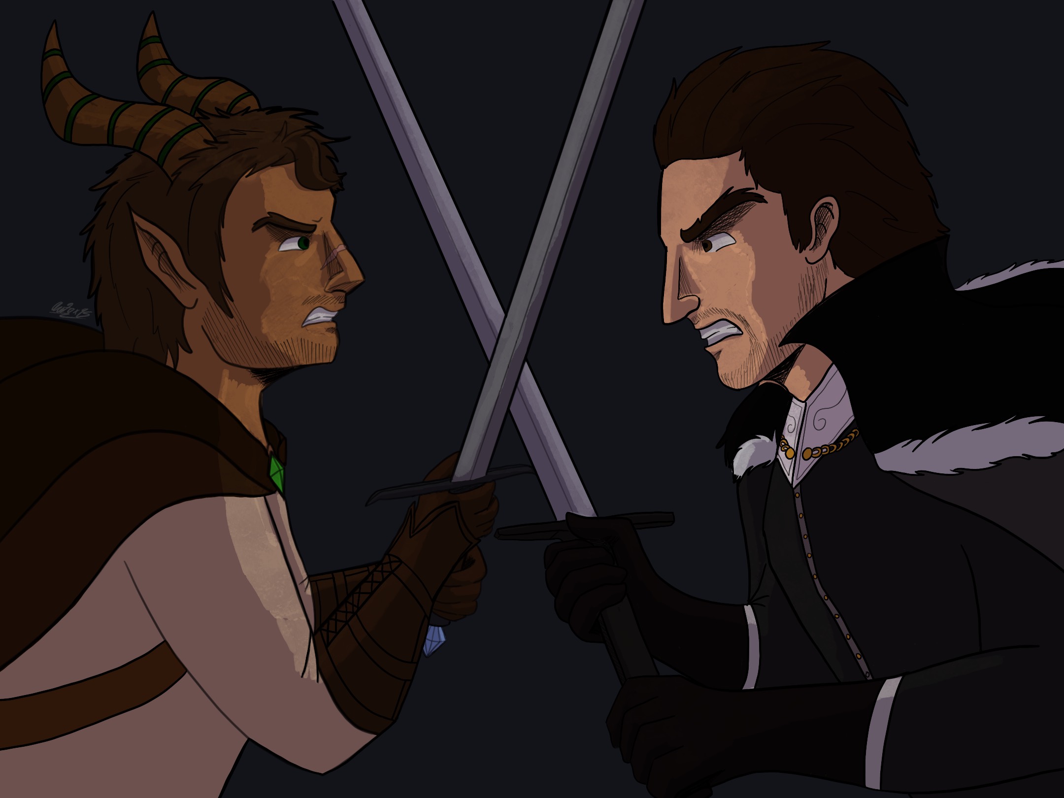 A side view drawing of my main character vs the antagonist.